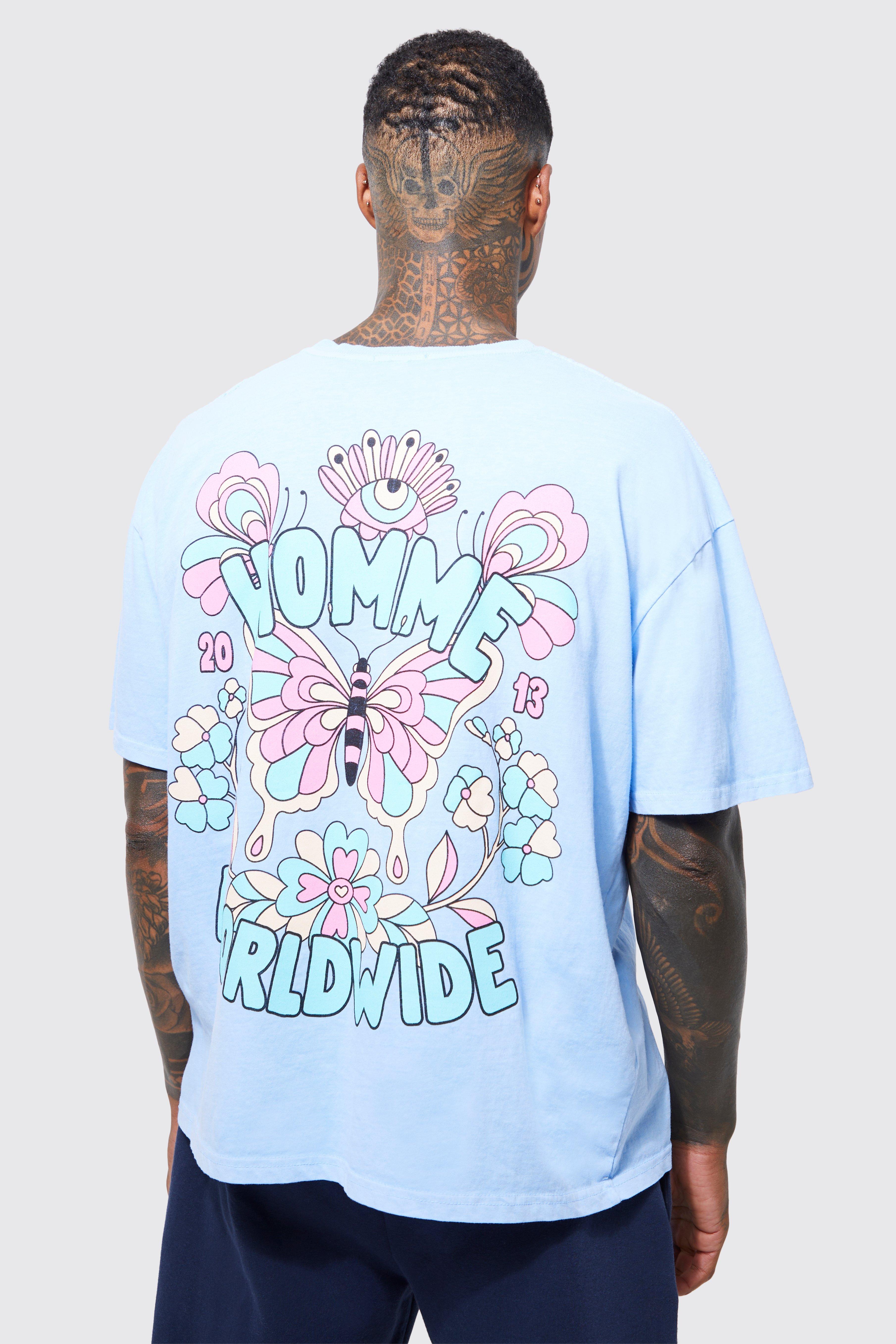 Mens Blue Oversized Overdyed Trippy Butterfly T-shirt, Blue